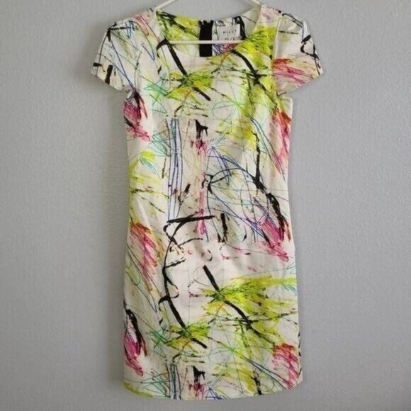 Milly of NY Multi Color Scribble Sheath Cocktail Mini Dress Size 2 Cap Sleeve - Picture 6 of 10